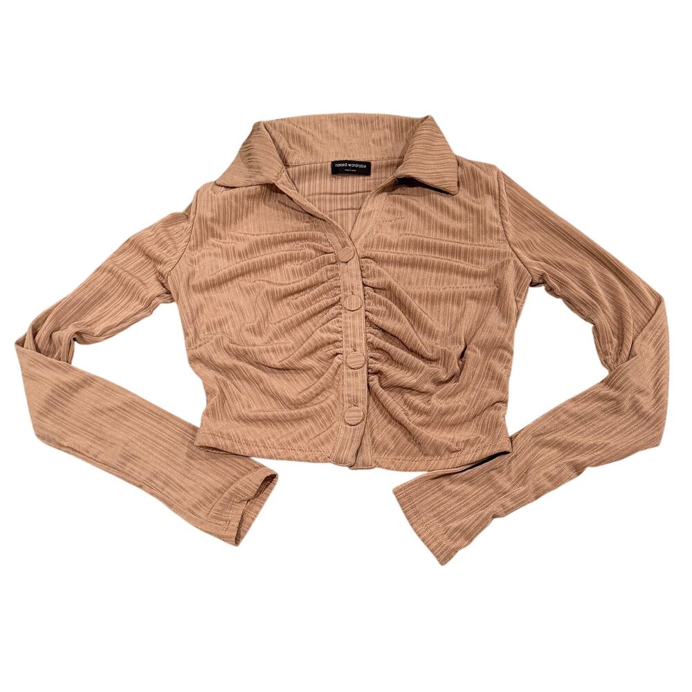 Naked Wardrobe Nude Collared Crop Top Buttoned Down Size Small